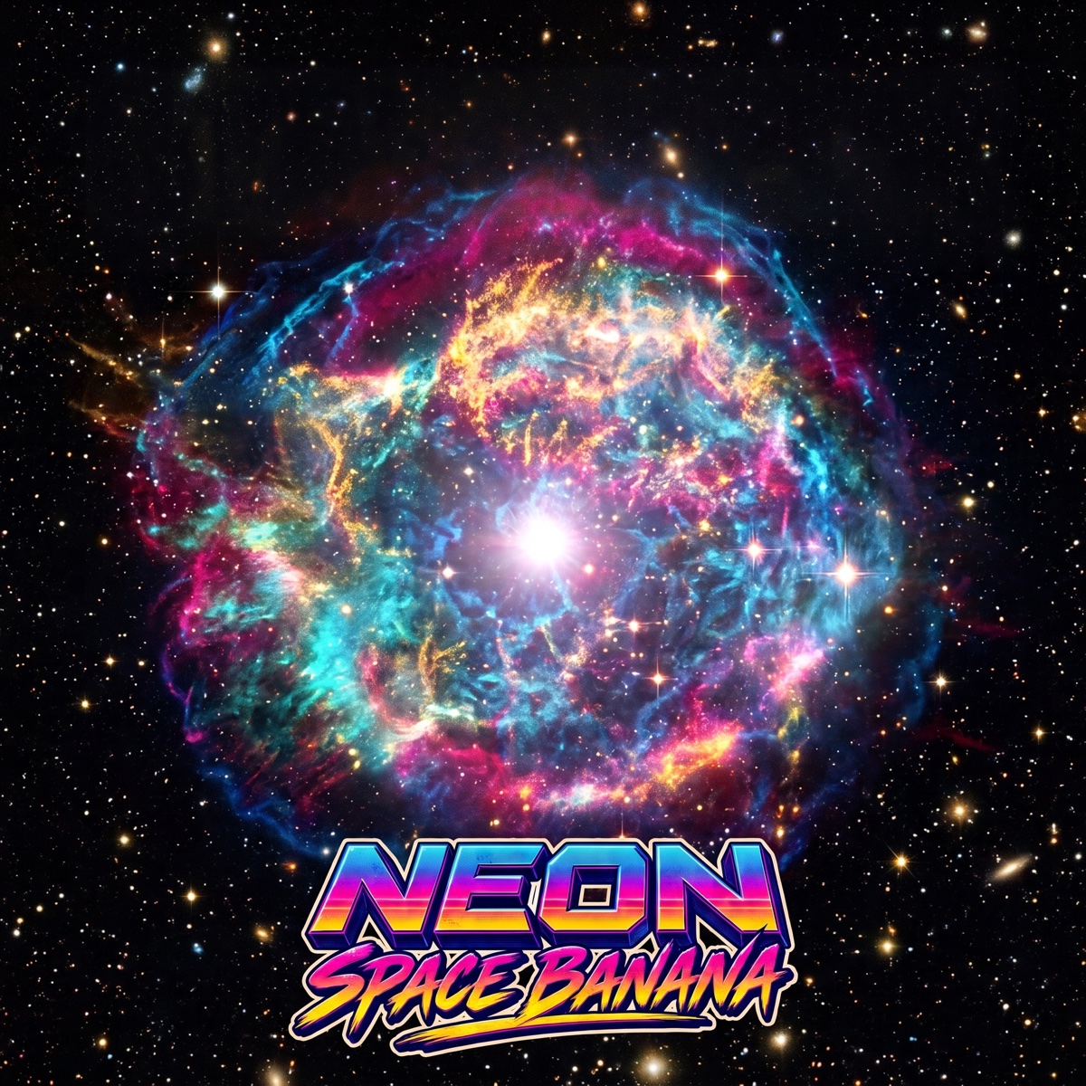 Starwreck cover: a radiant pink and blue stellar explosion above the Neon Space Banana logo
